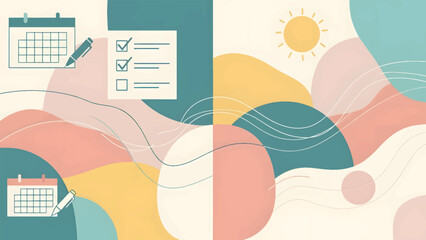 Abstract productivity and planning illustration with calendars checklists and organic shapes in soft pastel modern style