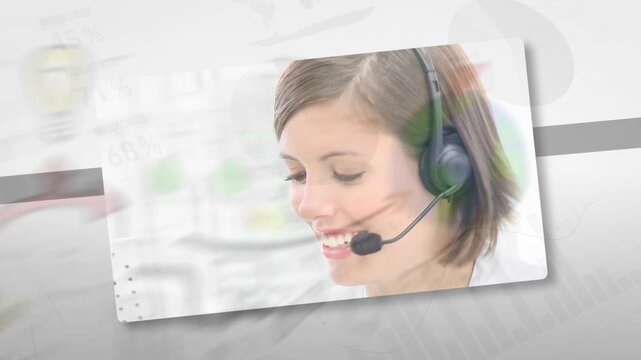 Animation of financial data processing and icons over diverse business people using phone headset