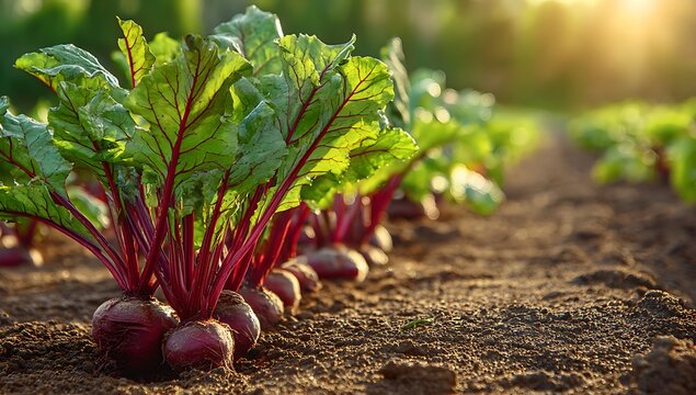 Rows of young beet plants growing in a field at sunset