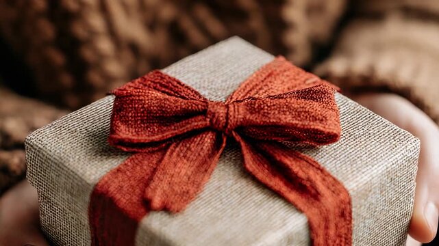 Rustic Gift Box Tied with Natural Fabric - Close-up of Hands Holding a Wrapped Present with Textured Detail