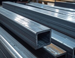 Obraz premium Close-up shot of several square metal tubes stacked together, industrial material.