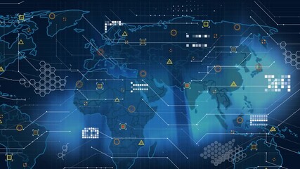 Data processing over world map against abstract blue square shapes on black background - Powered by Adobe