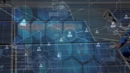 Animation of network of connections over caucasian man installing solar panels - Powered by Adobe