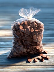 Abundant Bag of Chocolate Chips on Wooden Surface