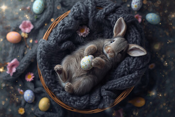 The concept of a happy Easter 2026. An Easter bunny holds an Easter egg in its paws, lying on its back on a gray knitted blanket in a wicker basket, and looks at the camera.