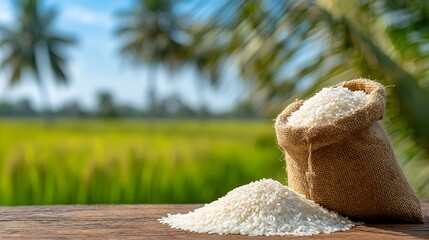 Sacked white rice and pile of grains on wooden surface with rice field
