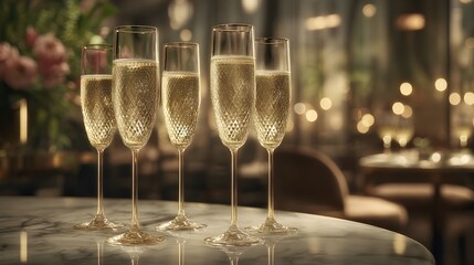 Glistening champagne flutes filled with golden bubbly liquid on a marble table, ready for a celebration