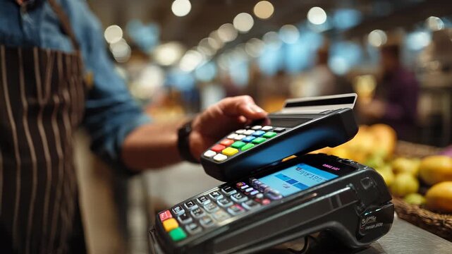 Customer Paying with Contactless Credit Card at Point of Sale Terminal in Grocery Store.