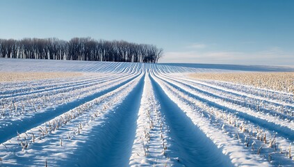 Snow-covered field with tractor tracks under clear sky