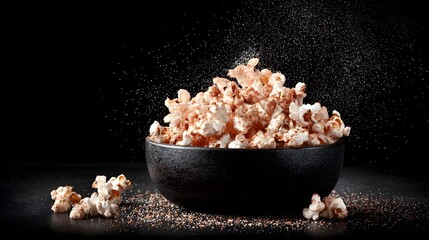 Gourmet truffle and parmesan popcorn in a dark bowl, sprinkled with seasoning