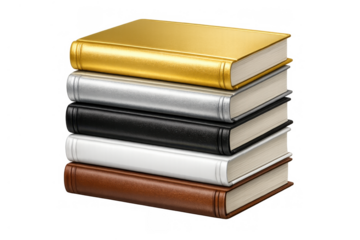 Stacked books in various colors, including gold and silver, symbolizing learning, wisdom, and academic pursuit. Transparent background