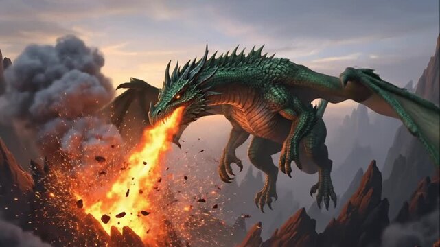 Green Dragon Flying and Breathing Fire Over Rocky Mountains At Sunset