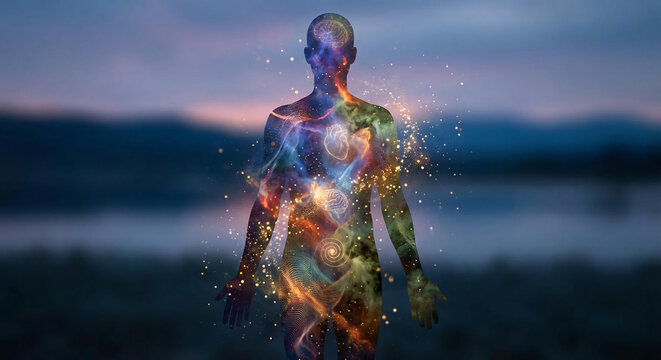  Abstract Human Silhouette with Vibrant Glowing Energy Waves and Data Points Representing Vitality, Wellbeing, and Digital Consciousness
