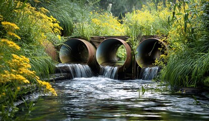 Three Corrugated Metal Culverts Flowing Water into a Stream