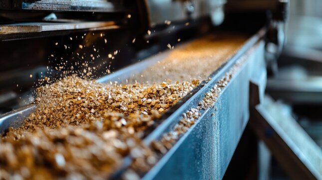 Wood chips are being transported on a conveyor belt inside a furniture factory, showcasing the automated process of material handling in modern woodworking