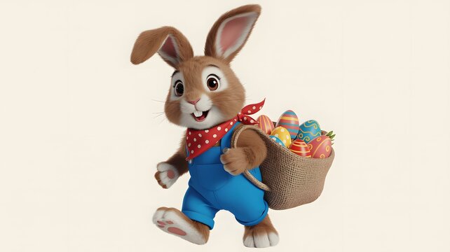 A joyful easter bunny in blue overalls carrying a basket full of vibrant eggs, ready for celebration