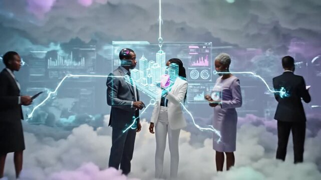 Diverse Business Team Collaborating on Futuristic City Digital Interface