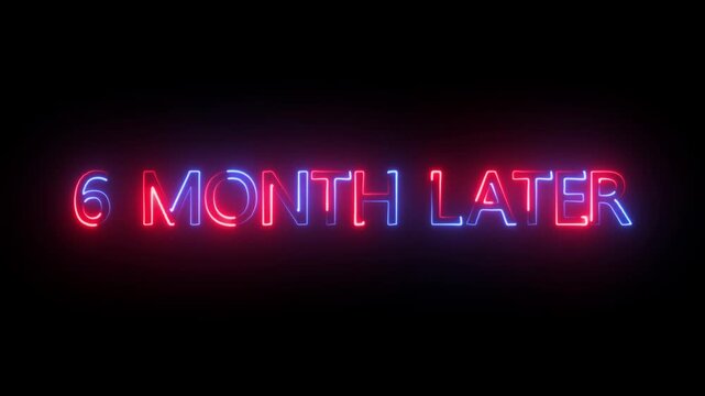 6 month later glowing neon text animation on dark background.Futuristic neon typography animation 6 month Later.