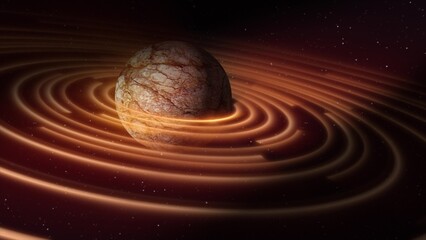 Abstract yellow brown space planet with a round asteroid belt ring futuristic hi-tech on the background of stars in open space © Bolbik