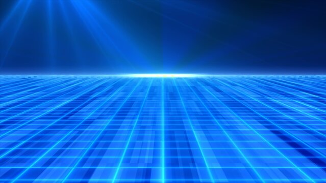 Abstract blue glowing neon laser grid retro futuristic high tech from 80s, 90s with energy lines on surface and horizon, abstract background