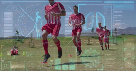 Animation of screen with biological data over diverse male soccer players during training - Powered by Adobe