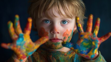 Caucasian child with painted hands expresses creativity and joy through colorful finger painting.