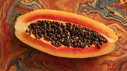 Slice of papaya on colorful marbled background.