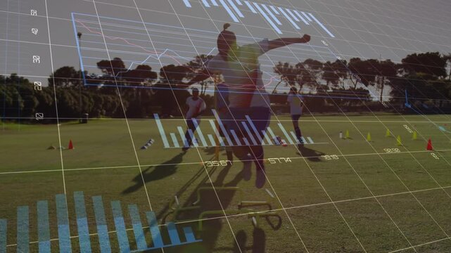 Animation of data processing and statistics over diverse football players on pitch