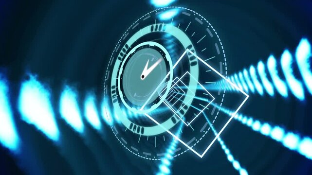 Animation of neon tunnel in seamless pattern over neon ticking clock on blue background