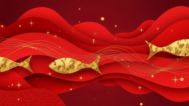 Golden Fish Swimming in Red Waves - Abstract Chinese New Year Background.