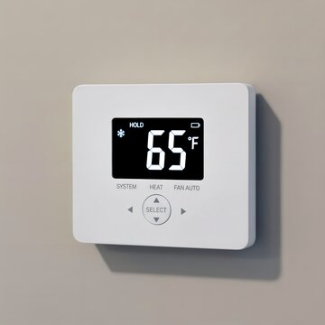 Digital wall thermostat displaying 65 degrees Fahrenheit. Space for text.