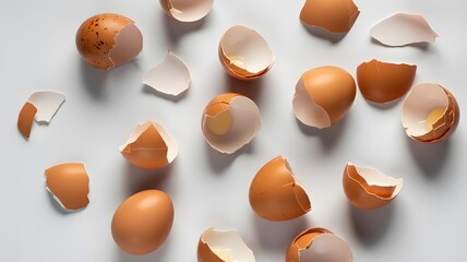 Scattered brown eggshells and whole eggs on a white background, symbolizing cooking preparations