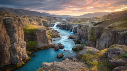 Scenic canyon waterfall at sunset with dramatic sky and rocky landscape.