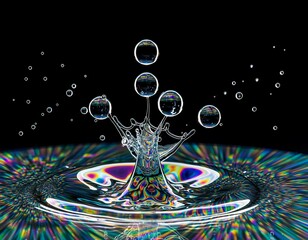 Fototapeta premium Water droplets splashing into a colorful liquid from a high viewpoint