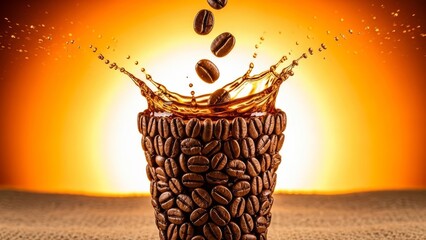 A dynamic and creative close-up shot features a unique glass-like structure meticulously crafted from countless individual coffee beans, with a dramatic splash of liquid coffee as more beans fall into