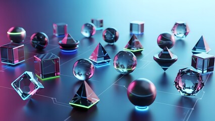 A collection of glowing glass geometric shapes and abstract forms on a dark, reflective surface with neon lines, creating a futuristic and artistic display.