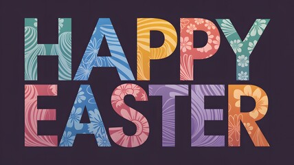 Colorful happy easter greeting with vibrant floral and swirl patterns on a dark background