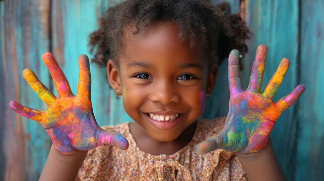 Joyful african child with colorful painted hands smiling against wooden background. - Powered by Adobe
