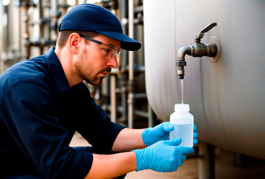 Industrial worker taking water sample from tank valve into plastic bottle.