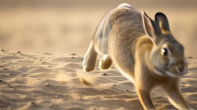 A swift desert hare races across sandy dunes, its powerful legs kicking up dust in a blur of motion