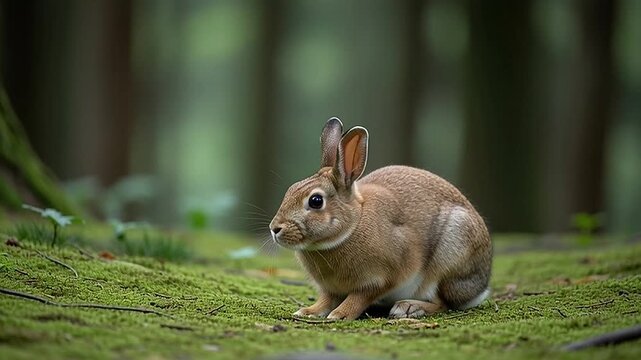 A small brown rabbit sits in the mossy forest floor, its ears perked up