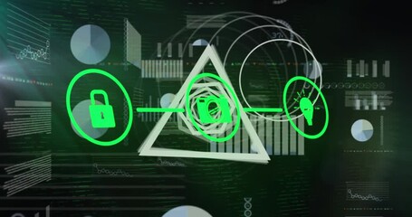 Animation of abstract geometrical shape spinning over digital icons and statistical data processing - Powered by Adobe