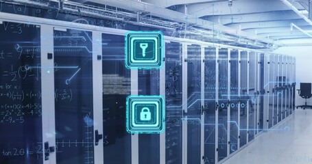 Animation of padlock and key icons, mathematical equations and data processing over computer servers - Powered by Adobe