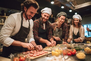 Group of young people cooking with a male chef in a cozy kitchen environment during a culinary workshop at dusk