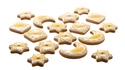 Assorted moon and star shaped cookies isolated on transparent background