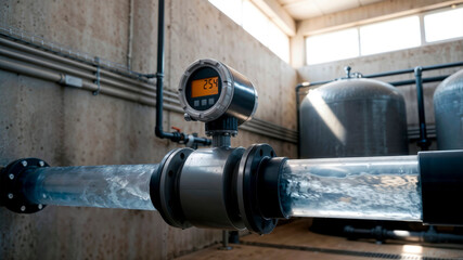 Obraz premium Digital industrial flow meter displays a reading on a metal pipe with water moving through the system in a treatment plant.