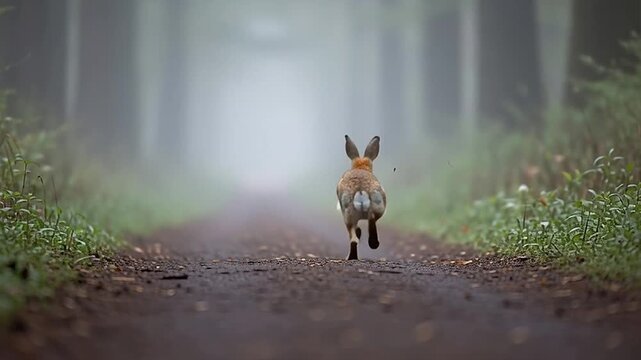 A quick rabbit flees down a misty forest path, disappearing into the fog