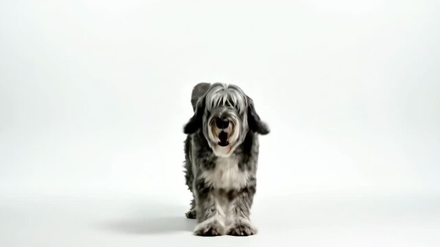 A joyful Old English Sheepdog leaping playfully into the air during a high energy pounce isolated completely on a seamless white backdrop high energy pounce, mammal, happiness