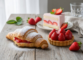 Fresh Strawberry Dessert Collection with Cream, Cakes and Tarts on Elegant Table