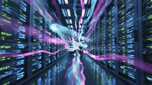 Abstract Data Flow in Server Room, Futuristic Technology, Big Data Concept